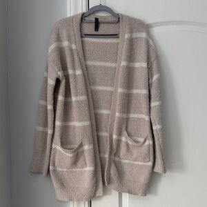 Womens Cardigan Soft Fleece Sweater- Cream and White Stripe- Medium